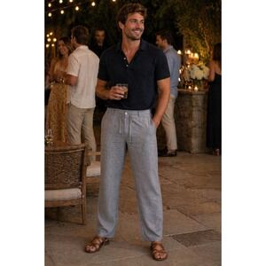 Perry Ellis Linen Blend Drawstring Pants Grey 34x30 Straight Leg Casual